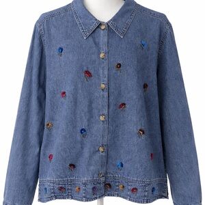 Vintage Lemon Grass Embroidered Denim Jacket Women L Floral Blue Jean Jacket